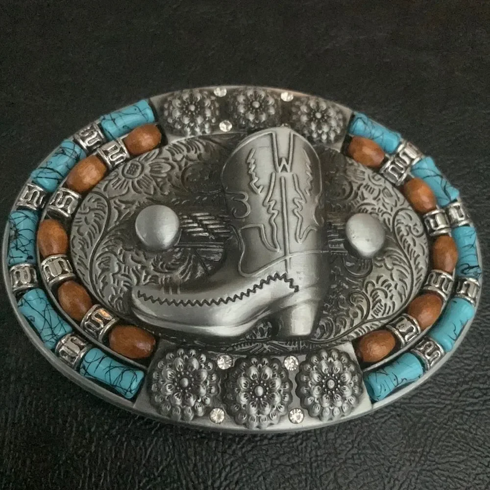 Cowboy Boot Belt Buckle, Antiqued Silver Tone Faux Turquoise, Western Style